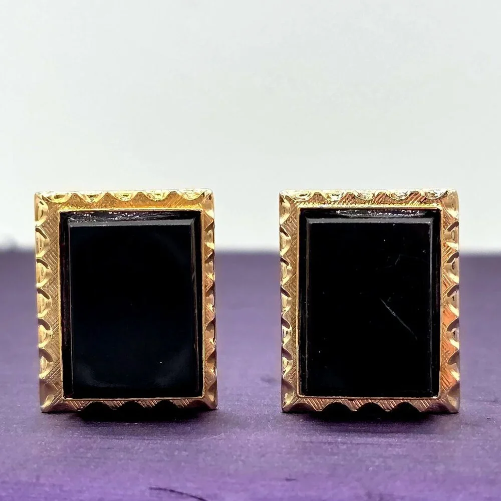 VTG Gold Finish Postage Stamp Rectangle Black MCM Mid Century Modern Cuff Links